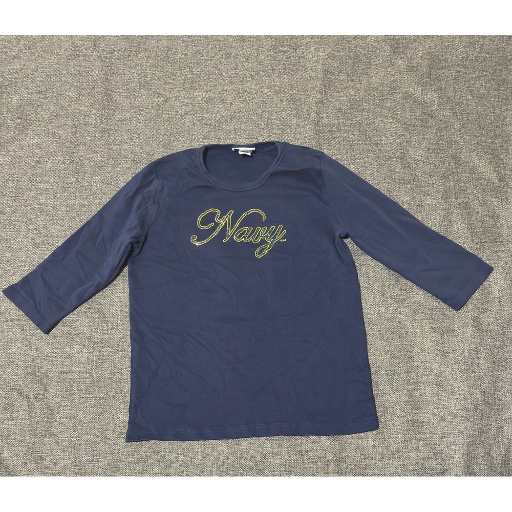 Nitro USA Womens Large T-Shirt Navy Blue Rhinestone 3/4 Sleeve Cotton 1006